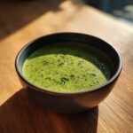 Close-up of a dark bowl filled with vibrant green Creamy Garlic Broccoli Soup, garnished with finely chopped herbs.
