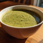 A close-up of a white bowl filled with thick, green Creamy Garlic Broccoli Soup sitting on a wooden table.