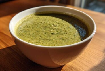 A close-up of a white bowl filled with thick, green Creamy Garlic Broccoli Soup sitting on a wooden table.