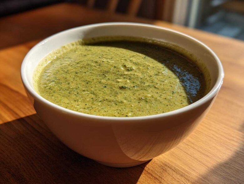 A close-up of a white bowl filled with thick, green Creamy Garlic Broccoli Soup sitting on a wooden table.