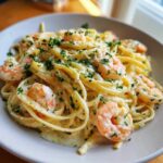 A close-up of creamy Garlic Butter Shrimp Pasta tossed with fettuccine and topped with fresh parsley.