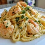 A close-up of creamy Garlic Butter Shrimp Pasta featuring fettuccine coated in a rich sauce and topped with pink shrimp and fresh parsley.