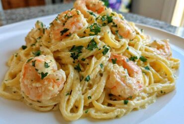 A close-up of creamy Garlic Butter Shrimp Pasta featuring fettuccine coated in a rich sauce and topped with pink shrimp and fresh parsley.