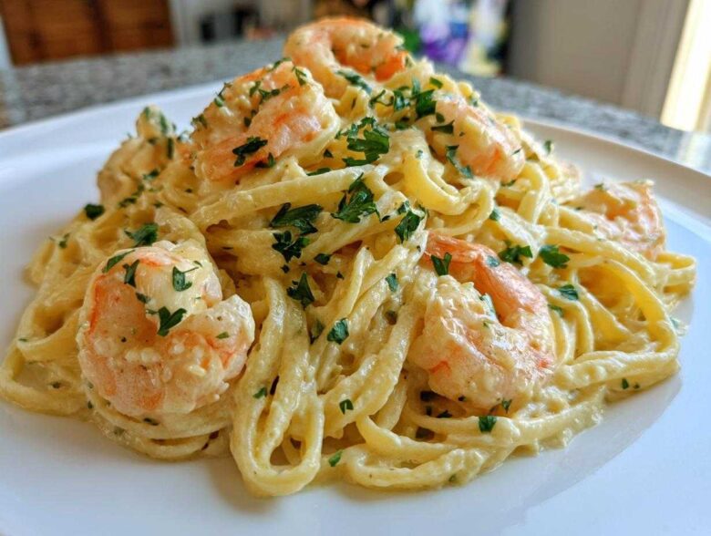 A close-up of creamy Garlic Butter Shrimp Pasta featuring fettuccine coated in a rich sauce and topped with pink shrimp and fresh parsley.