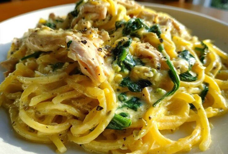 Close-up of creamy Lemon Chicken Pasta tossed with wilted spinach and seasoned with black pepper.
