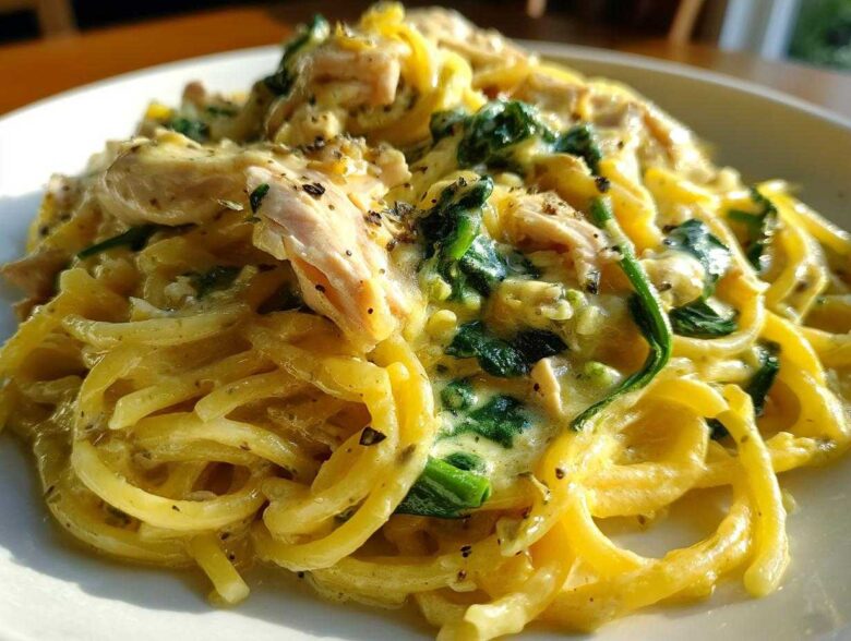 Close-up of creamy Lemon Chicken Pasta tossed with wilted spinach and seasoned with black pepper.