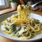 A fork lifting strands of creamy Lemon Chicken Pasta with spinach and chicken pieces from a white bowl.