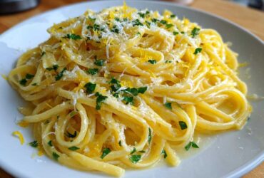A close-up shot of a serving of creamy lemon pasta, topped with fresh parsley and lemon zest.