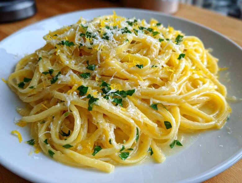 A close-up shot of a serving of creamy lemon pasta, topped with fresh parsley and lemon zest.