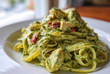A close-up of creamy pesto pasta tossed with chunks of chicken and sun-dried tomatoes served on a white plate.