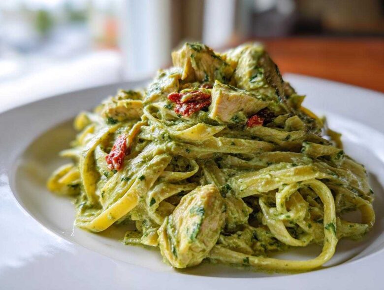 A close-up of creamy pesto pasta tossed with chunks of chicken and sun-dried tomatoes served on a white plate.