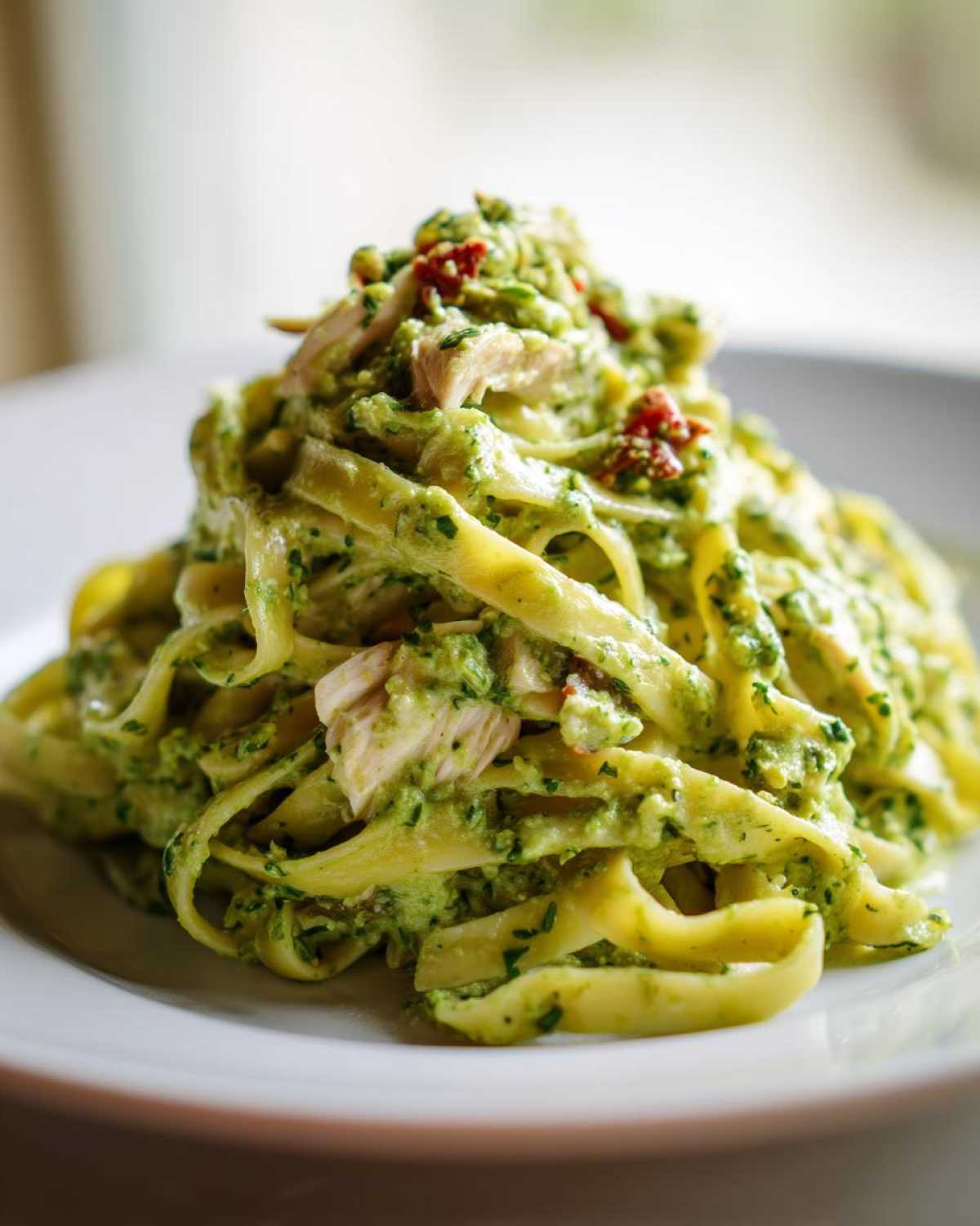 Close-up of a mound of fettuccine coated in creamy pesto sauce, mixed with chicken pieces, served on a white plate.
