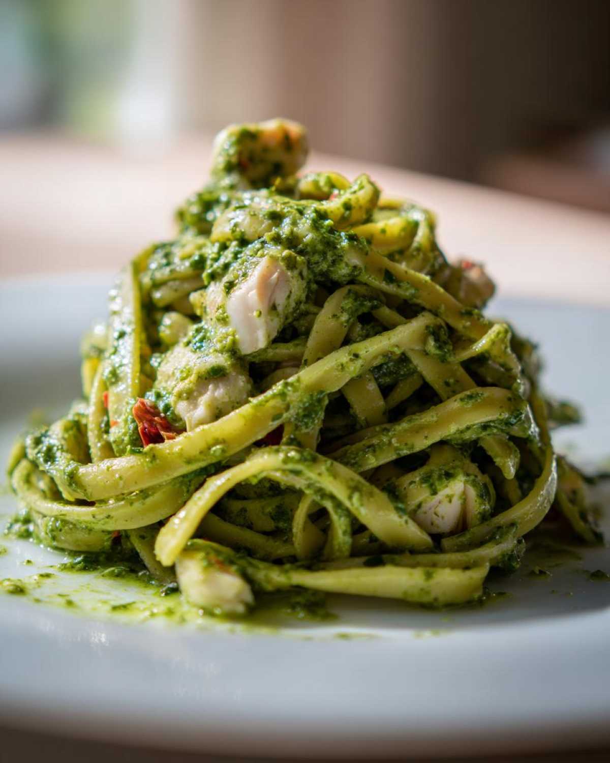A mound of fettuccine coated heavily in vibrant green pesto sauce, featuring chunks of white meat, making up our Creamy Pesto Pasta.