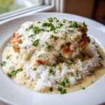 A perfectly cooked piece of Creamy Smothered Chicken and Rice topped with a rich sauce and fresh parsley.