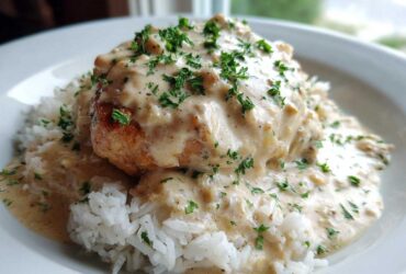 A close-up of a piece of chicken smothered in creamy sauce served over white rice, garnished with parsley, perfect for Creamy Smothered Chicken and Rice.