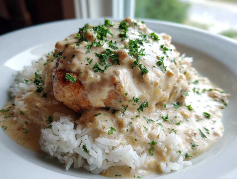 A close-up of a piece of chicken smothered in creamy sauce served over white rice, garnished with parsley, perfect for Creamy Smothered Chicken and Rice.