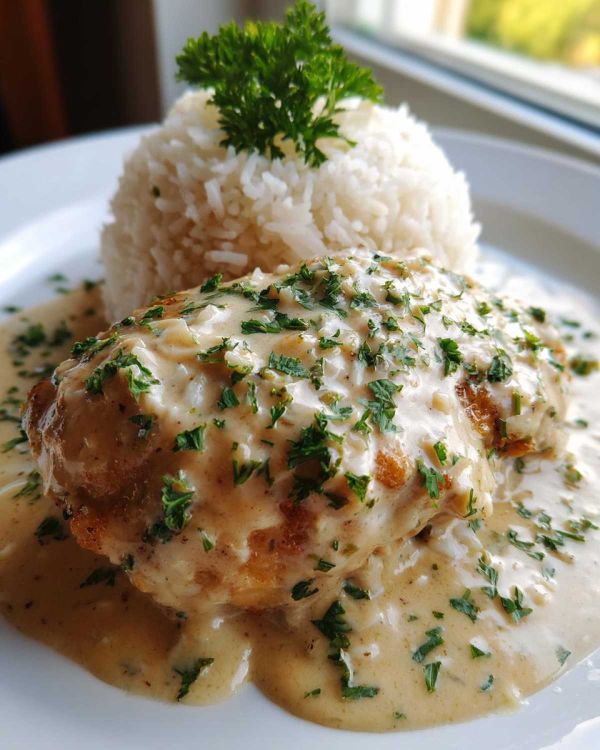 Close-up of Creamy Smothered Chicken and Rice, featuring a chicken breast covered in rich sauce and parsley next to a mound of white rice.