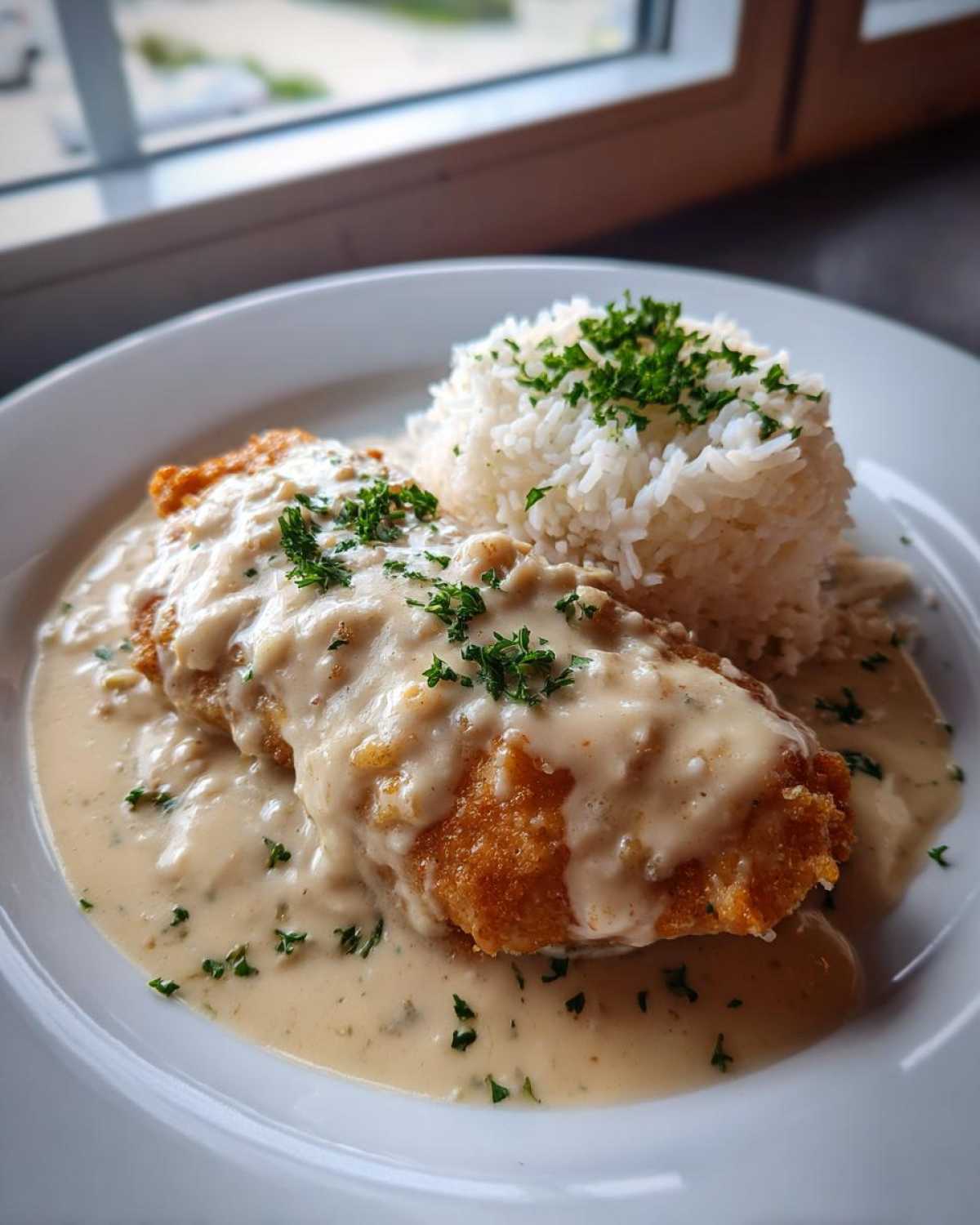 A golden, breaded chicken breast generously covered in creamy sauce, served alongside a mound of white rice, in this Creamy Smothered Chicken and Rice dish.