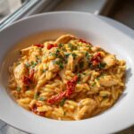 A close-up of a serving of Creamy Sun Dried Tomato Chicken Orzo garnished with fresh parsley.