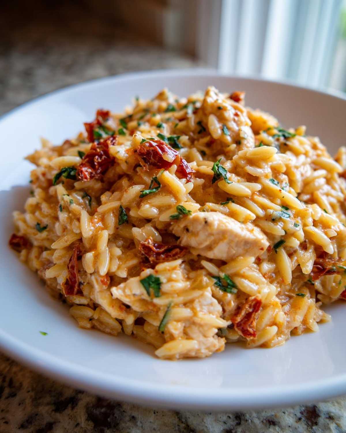 A close-up of a white bowl filled with creamy sun dried tomato chicken orzo pasta, garnished with fresh herbs.