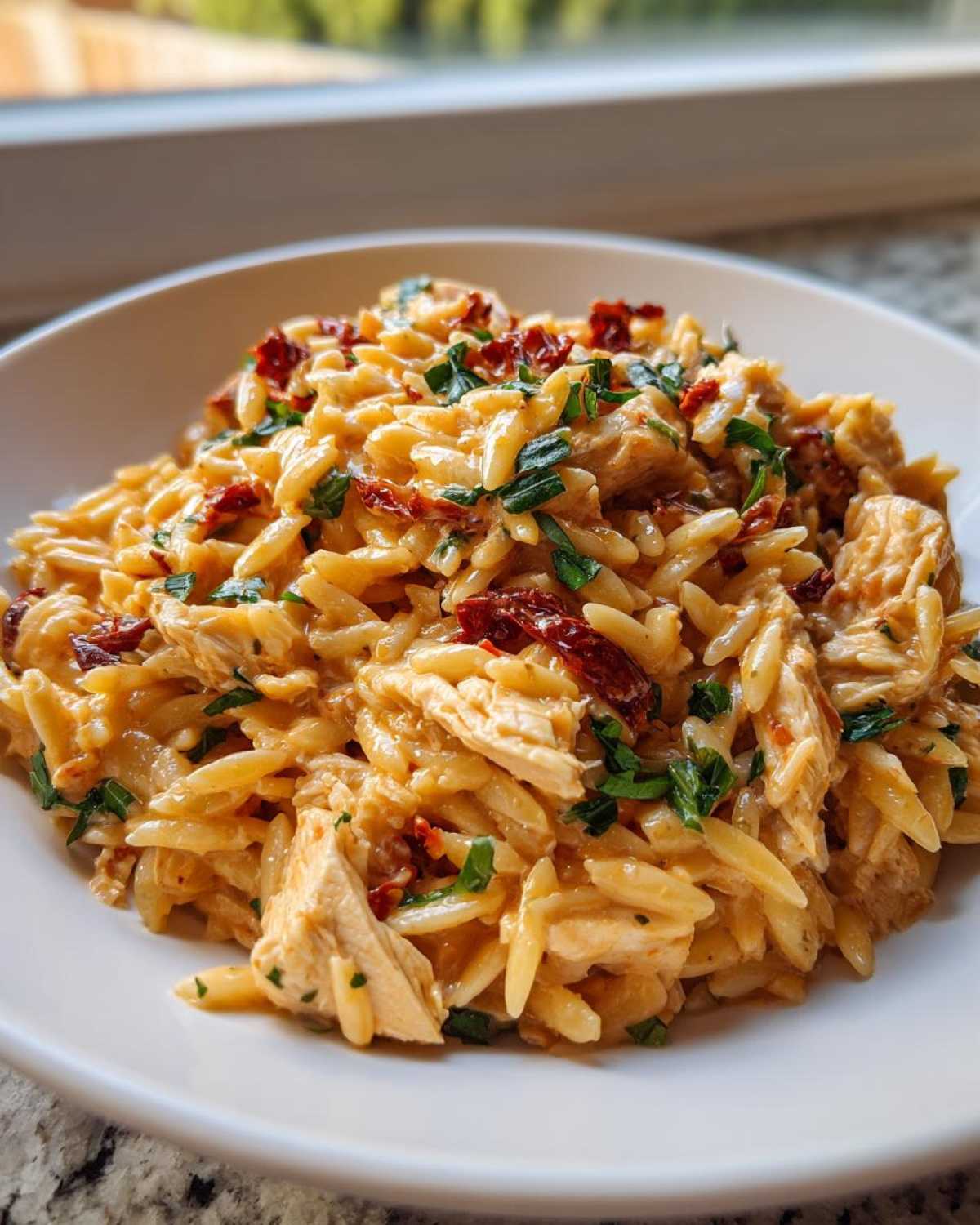 A close-up of a white bowl filled with Creamy Sun Dried Tomato Chicken Orzo, garnished with herbs.