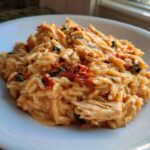A close-up serving of rich, creamy sun dried tomato chicken orzo pasta in a white bowl.
