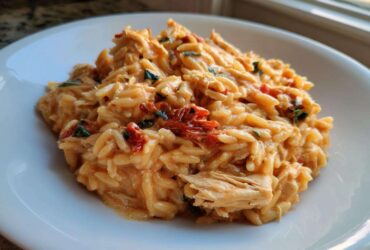 A close-up serving of rich, creamy sun dried tomato chicken orzo pasta in a white bowl.