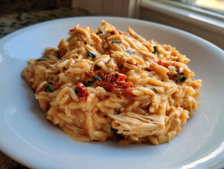 A close-up serving of rich, creamy sun dried tomato chicken orzo pasta in a white bowl.