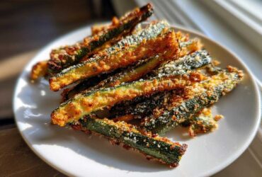 A pile of golden, crispy Air Fryer Zucchini sticks coated in breading and parmesan cheese on a white plate.