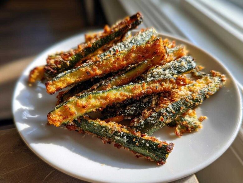 A pile of golden, crispy Air Fryer Zucchini sticks coated in breading and parmesan cheese on a white plate.