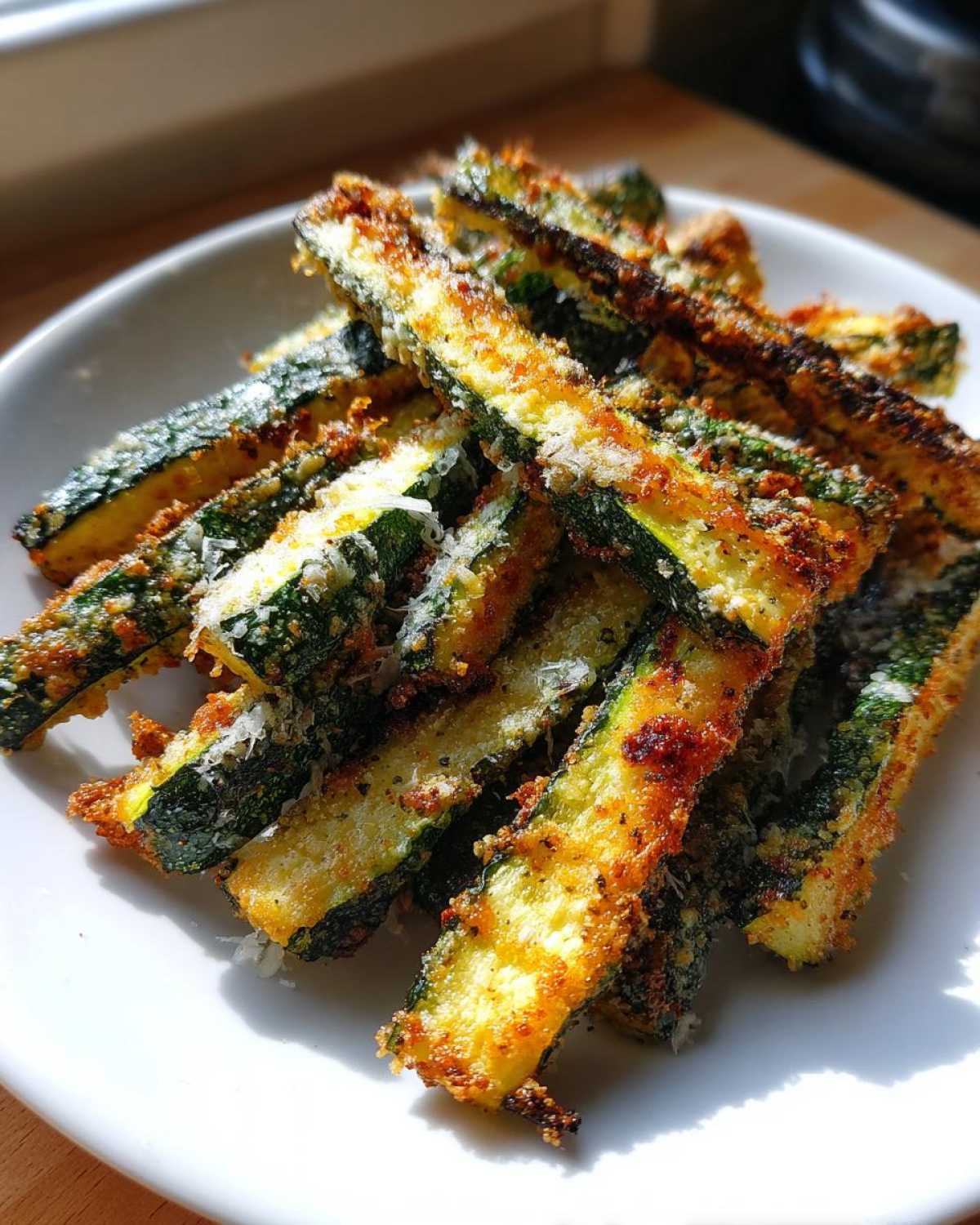 A pile of crispy, golden-brown Air Fryer Zucchini sticks dusted with Parmesan cheese on a white plate.