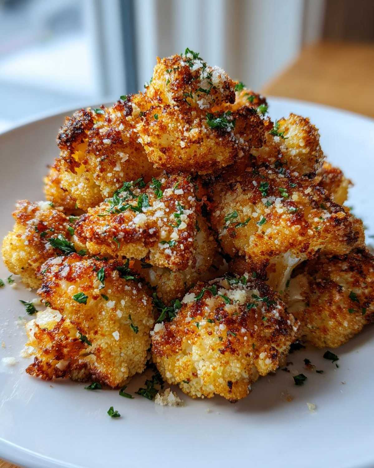 A close-up of golden brown, crispy Baked Cauliflower Bites piled high on a white plate and topped with grated Parmesan cheese and parsley.