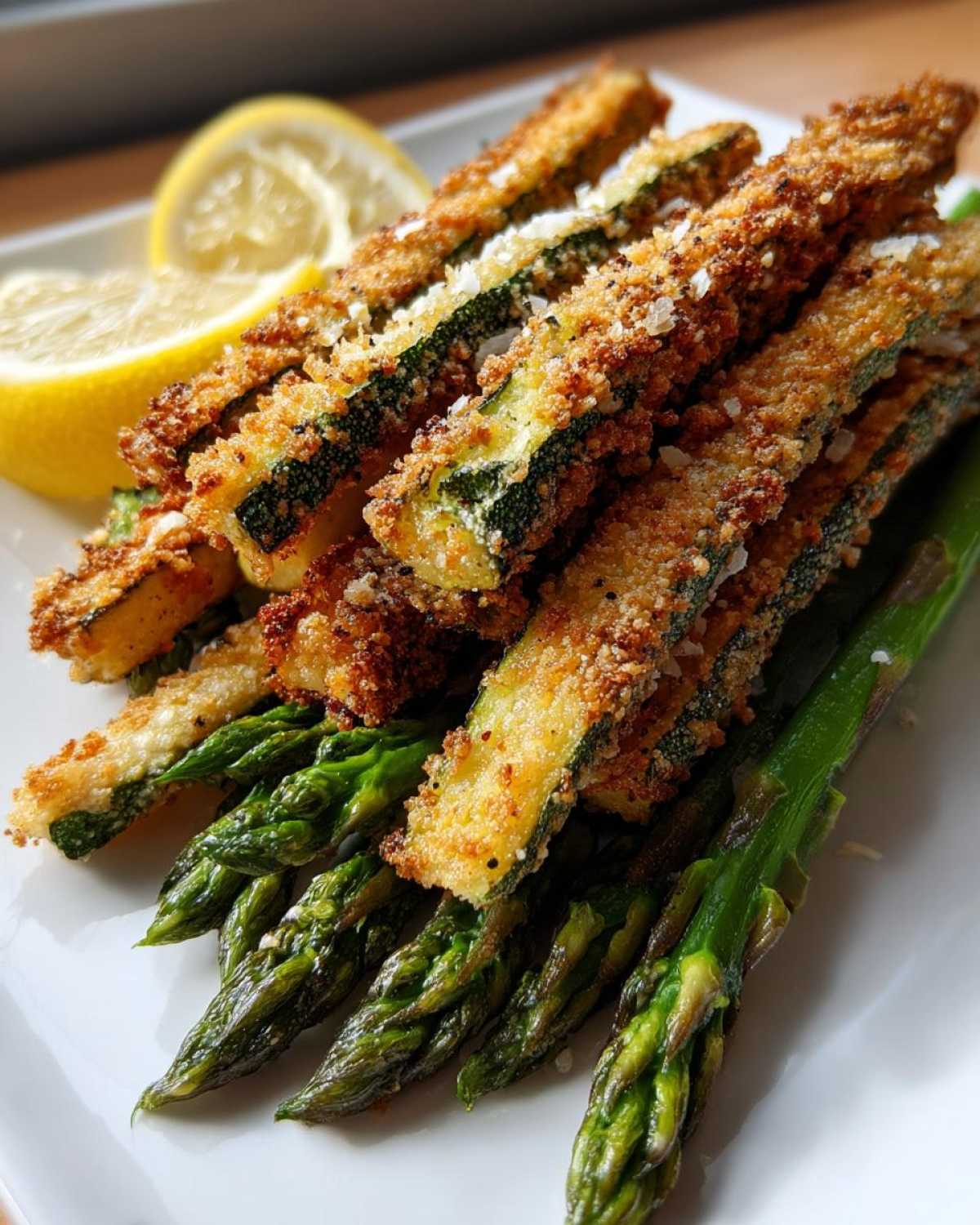 Close-up of Crispy Baked Parmesan Zucchini sticks served over bright green asparagus spears with lemon wedges.