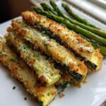 A stack of Crispy Baked Parmesan Zucchini sticks served alongside bright green steamed asparagus on a white plate.