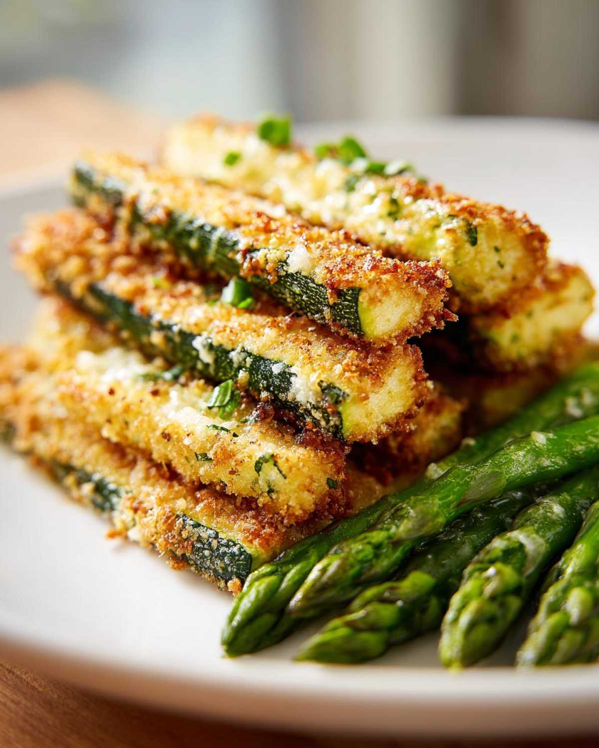 Stack of Crispy Baked Parmesan Zucchini sticks served alongside bright green asparagus spears.