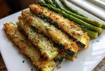 A stack of Crispy Baked Parmesan Zucchini sticks served alongside bright green steamed asparagus on a white plate.
