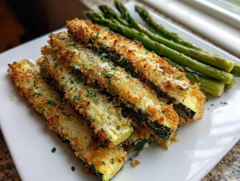 A stack of Crispy Baked Parmesan Zucchini sticks served alongside bright green steamed asparagus on a white plate.