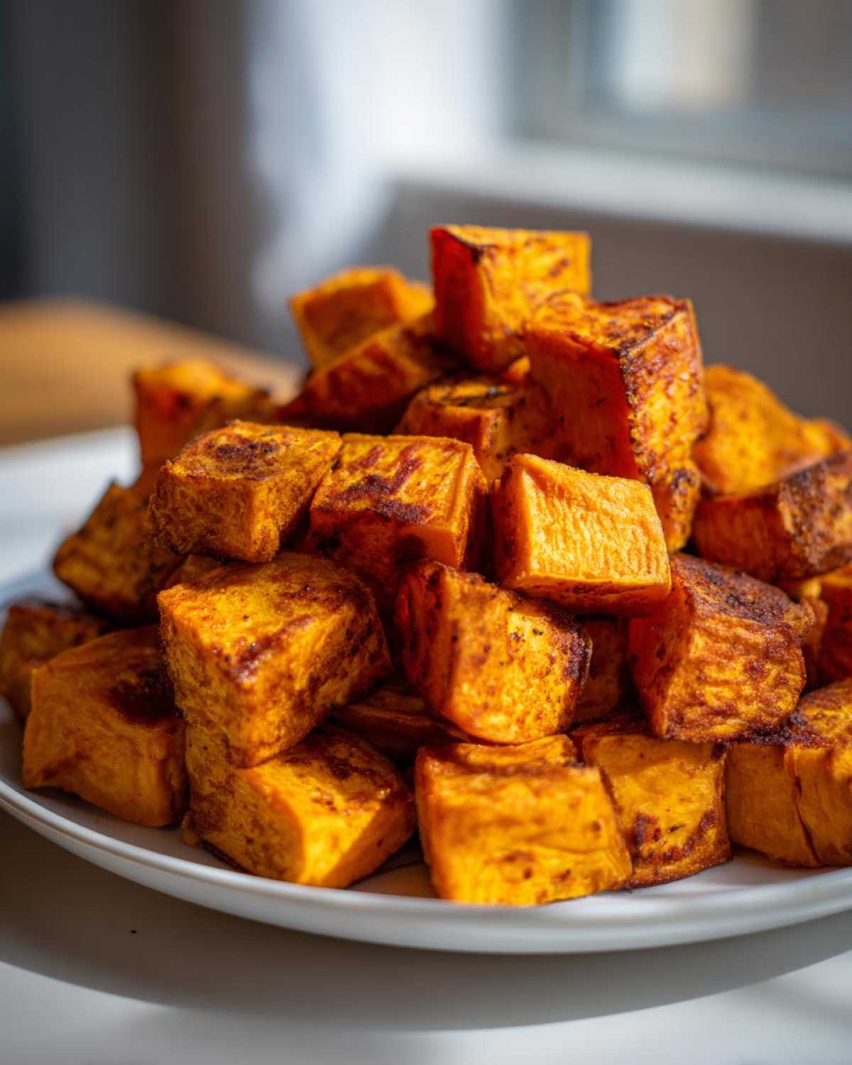 A close-up shot of a mound of golden-orange, cubed Crispy Roasted Sweet Potatoes piled high on a white plate.