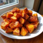 A pile of golden brown, perfectly caramelized Crispy Roasted Sweet Potatoes cubes served on a white plate near a window.