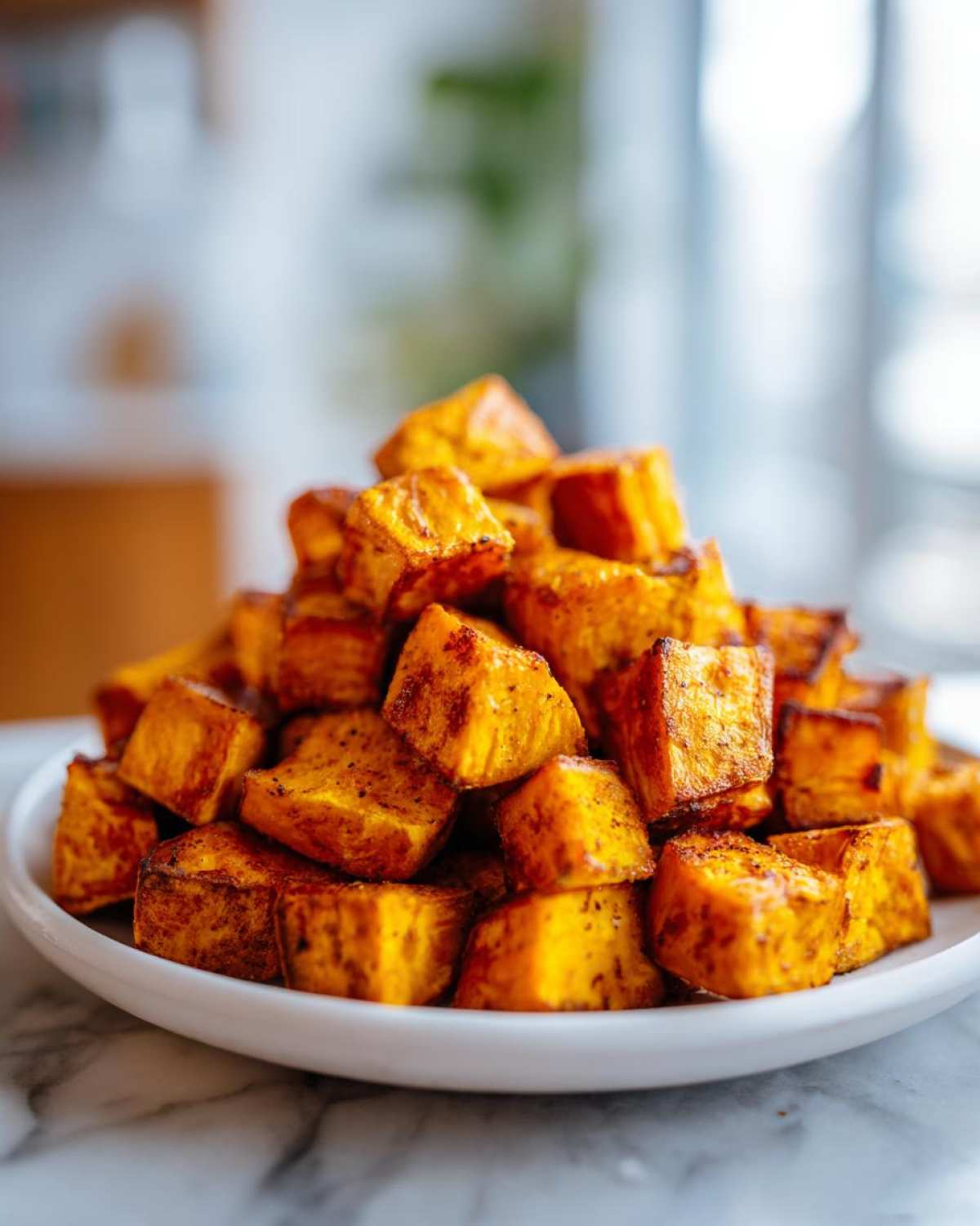 A mound of golden brown, perfectly seasoned Crispy Roasted Sweet Potatoes served on a white plate.