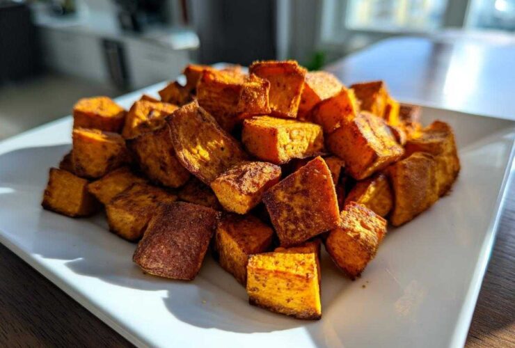 A mound of golden brown, cubed Crispy Roasted Sweet Potatoes seasoned with spices, served on a white rectangular plate.