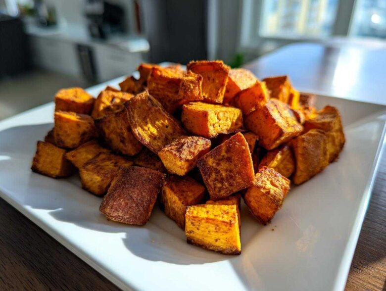 A mound of golden brown, cubed Crispy Roasted Sweet Potatoes seasoned with spices, served on a white rectangular plate.