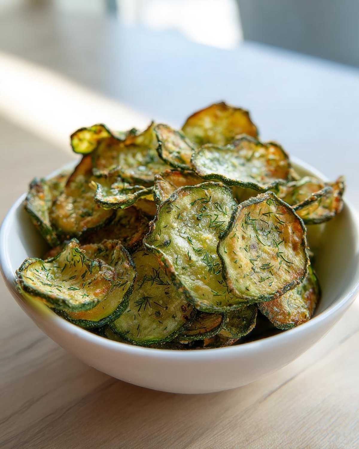 A white bowl filled with crispy, seasoned Crunchy Ranch Cucumber Chips sprinkled with fresh dill.