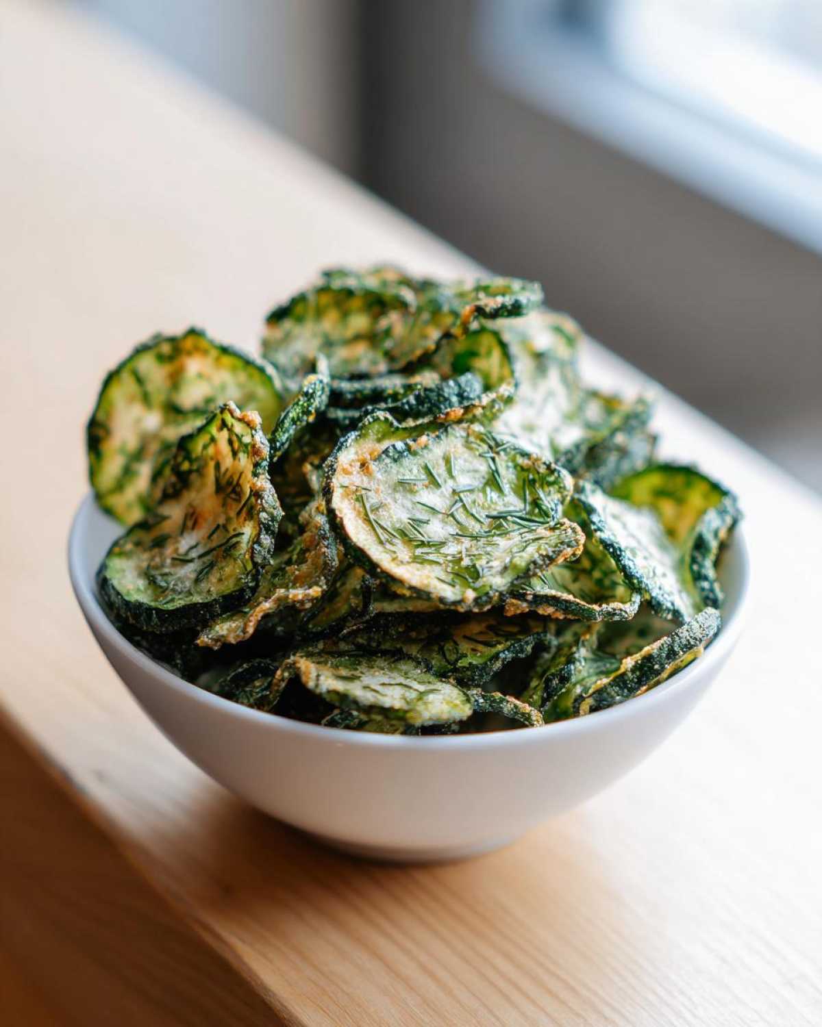 A white bowl filled with freshly baked Crunchy Ranch Cucumber Chips seasoned with visible green herbs.