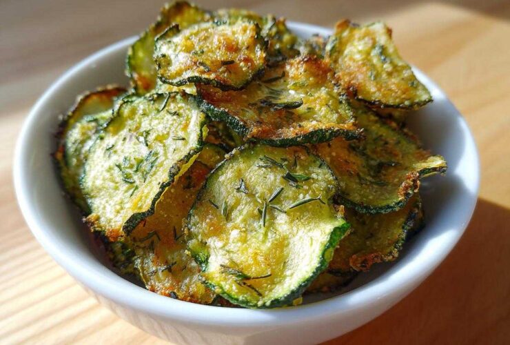 A white bowl filled with golden brown, seasoned Crunchy Ranch Cucumber Chips, garnished with herbs.