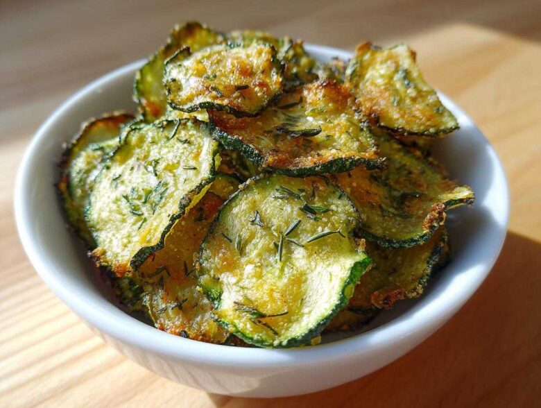 A white bowl filled with golden brown, seasoned Crunchy Ranch Cucumber Chips, garnished with herbs.