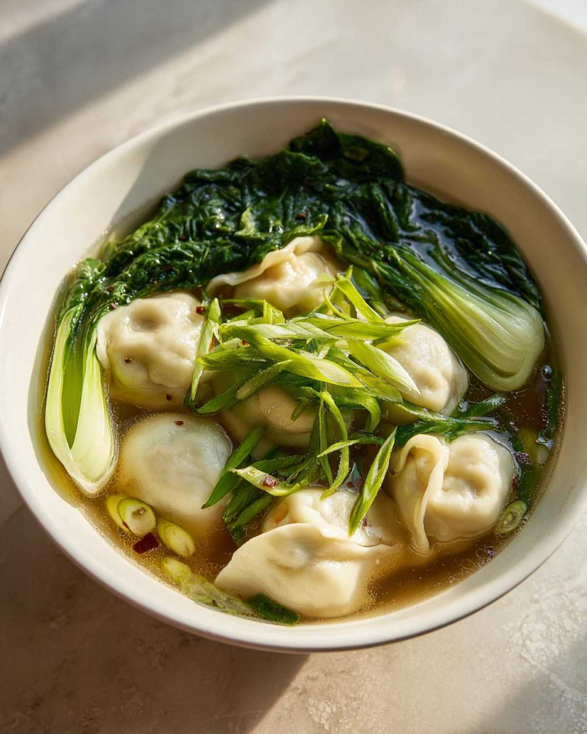 A close-up overhead view of a bowl of Dumpling Soup with Frozen Dumplings, featuring bok choy and green onions.