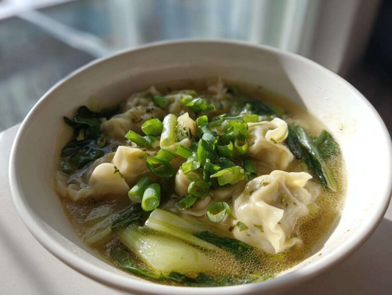 Close-up of a white bowl filled with hot Dumpling Soup with Frozen Dumplings, bok choy, and green onions.