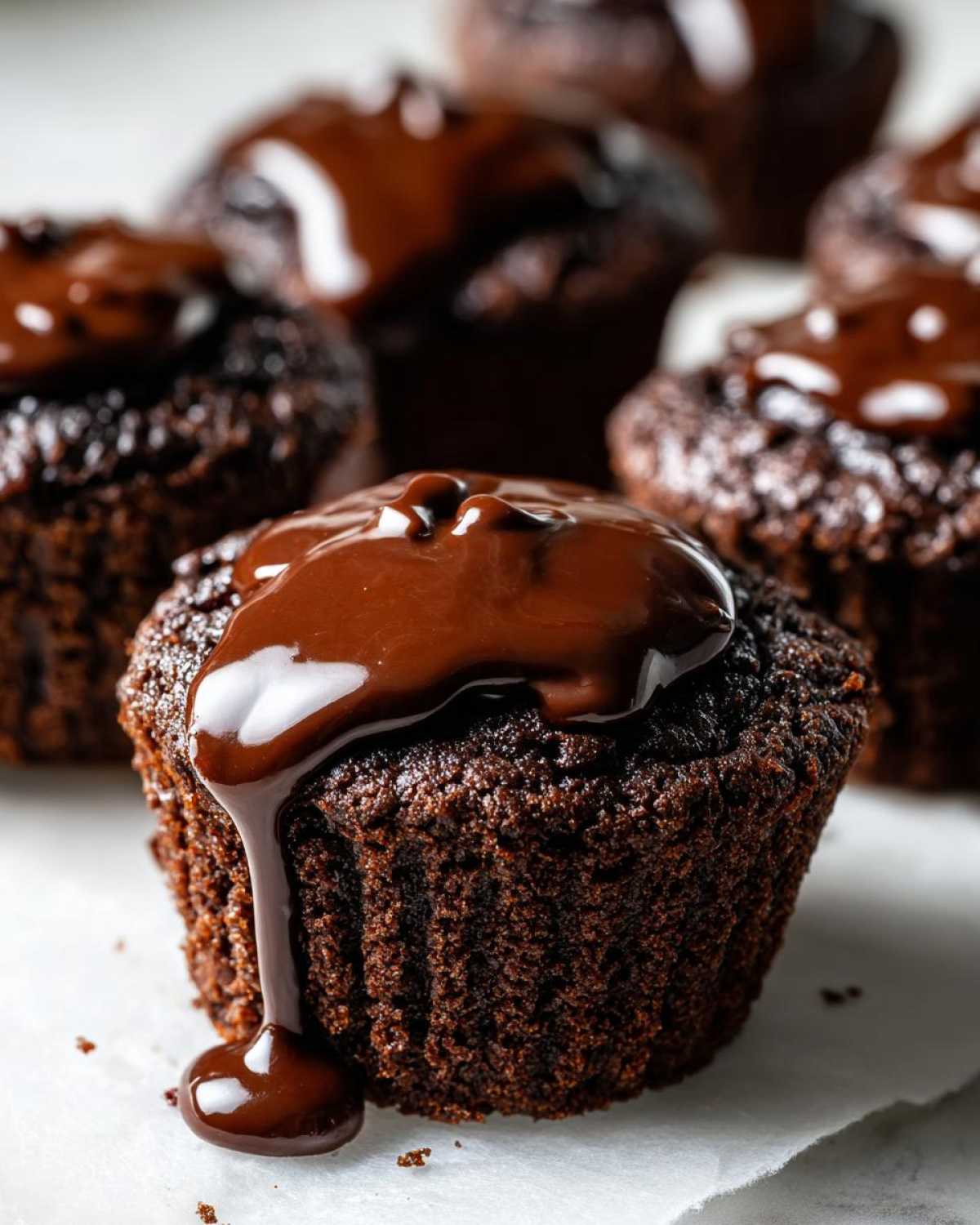 Close-up of a moist Espresso Brownie Cupcake topped with thick, glossy melted chocolate sauce dripping down the side.
