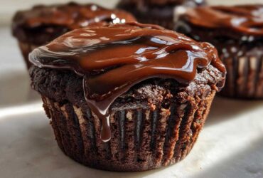 Close-up of a moist Espresso Brownie Cupcakes topped with thick, glossy chocolate ganache dripping down the side.